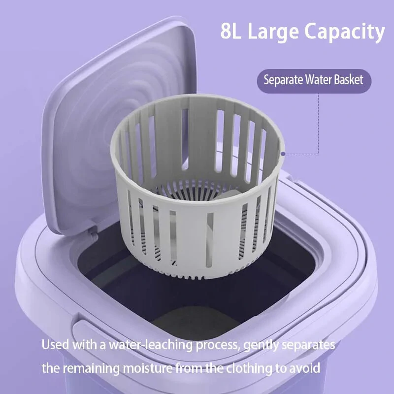 (image for) Portable Folding Mini Washing Machine 10W with Spin-Dry 8L Capacity Compact Design for Small Items Easy Operation Available in Lavender and Mint Green 110V or 220V Plug Option