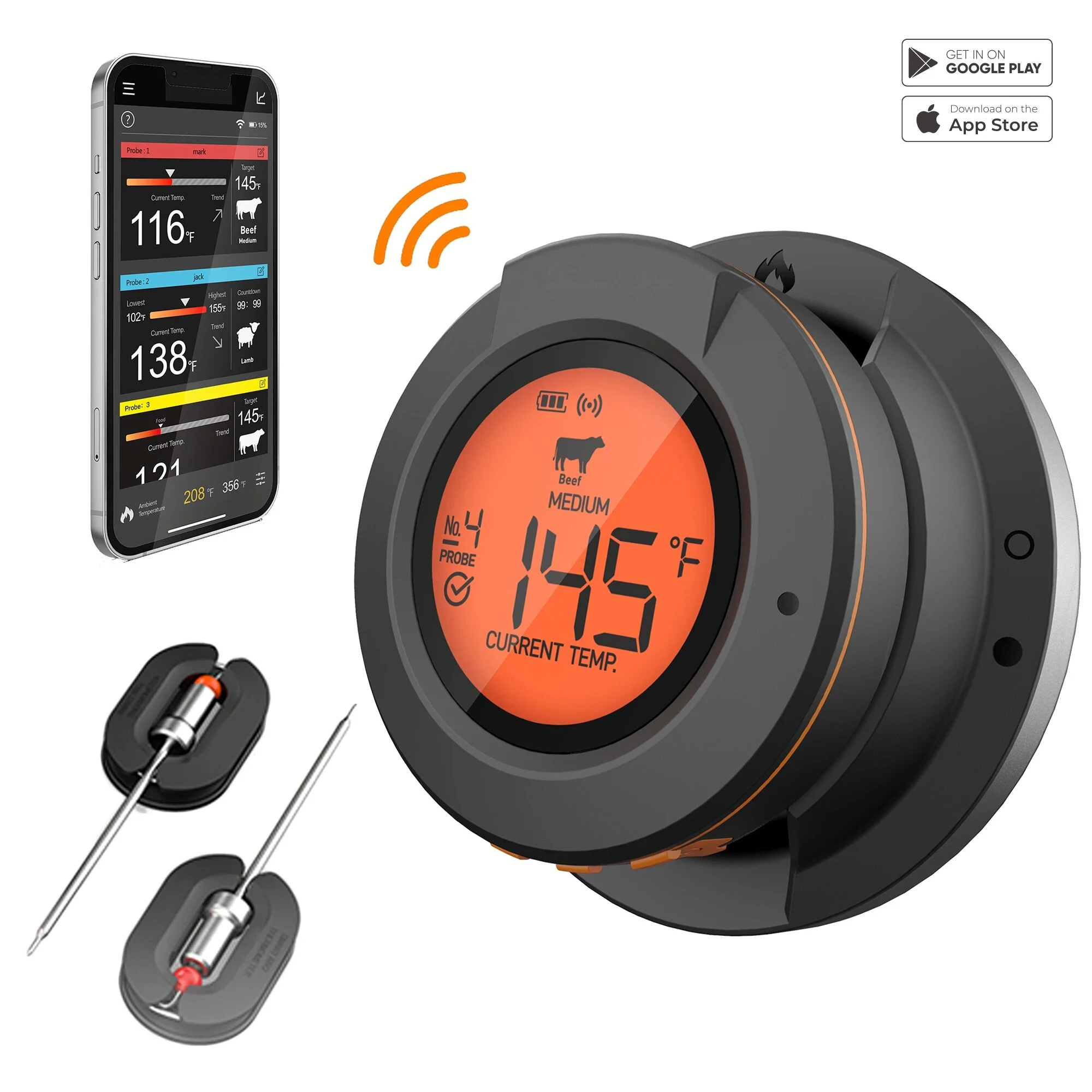 Smart Digital Bluetooth Food Cooking Waterproof IP54 Bluetooth Wireless BBQ Remote Thermometer Probes Barbecue Thermometer Free App Control Time Alarm (image for) Smart Digital Bluetooth Food Cooking Waterproof IP54 Bluetooth Wireless BBQ Remote Thermometer Probes Barbecue Thermometer Free App Control Time Alarm